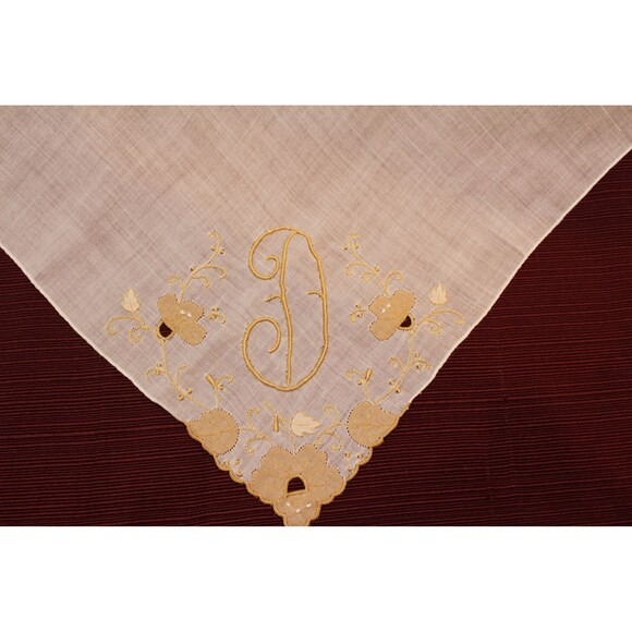Vintage D Handkerchief Mid Century Modern Hankie Embroidered Floral Large Hankie - Picture 3 of 5